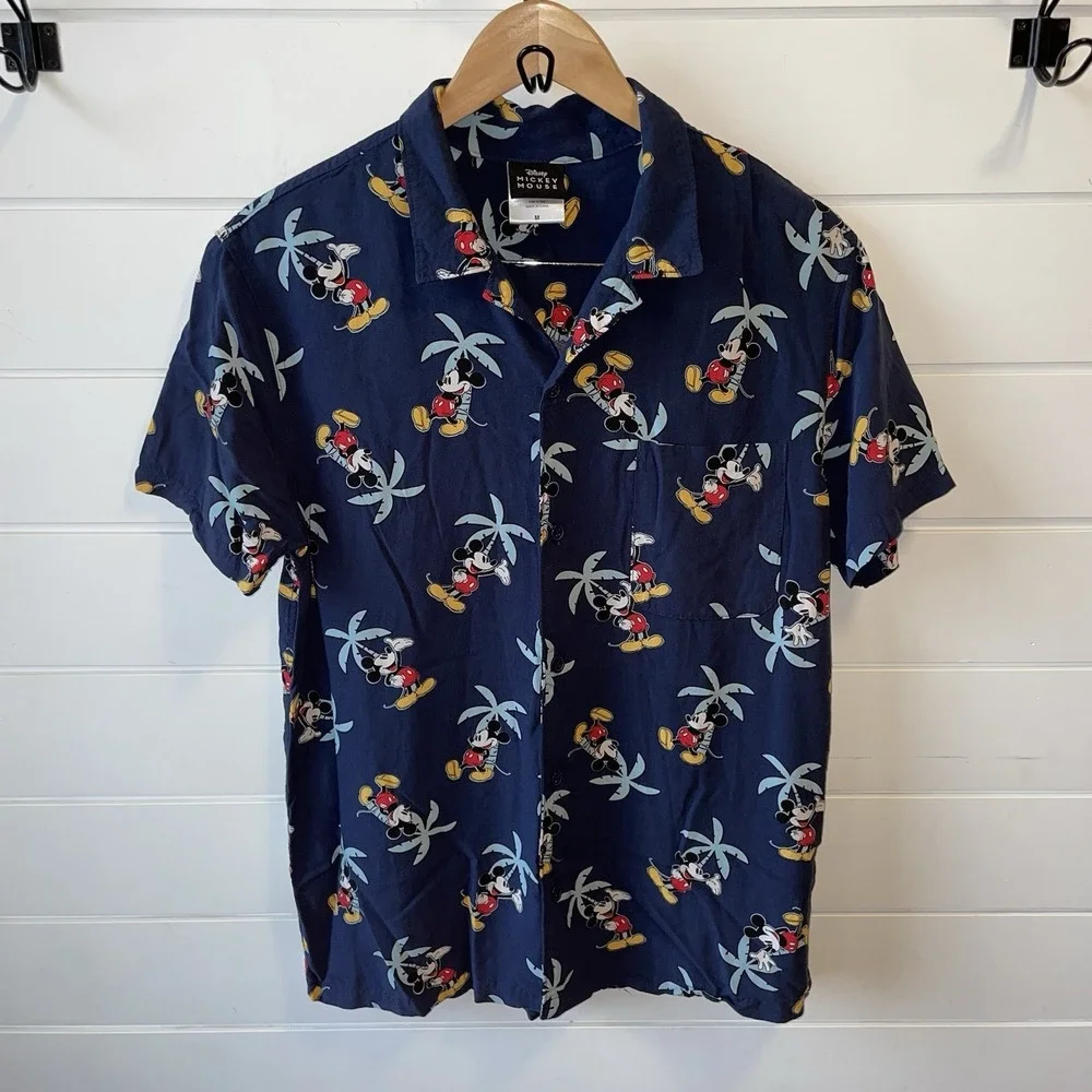 Disney's Mickey Mouse Print Tropical Hawaiian Button Down Rayon Shirt Size: M‎ - Picture 2 of 9